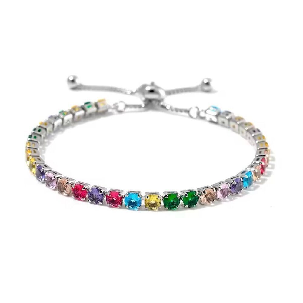 Simulated Multi Color Diamond Tennis Bracelet with Bolo Slider in Silver 6-9 In